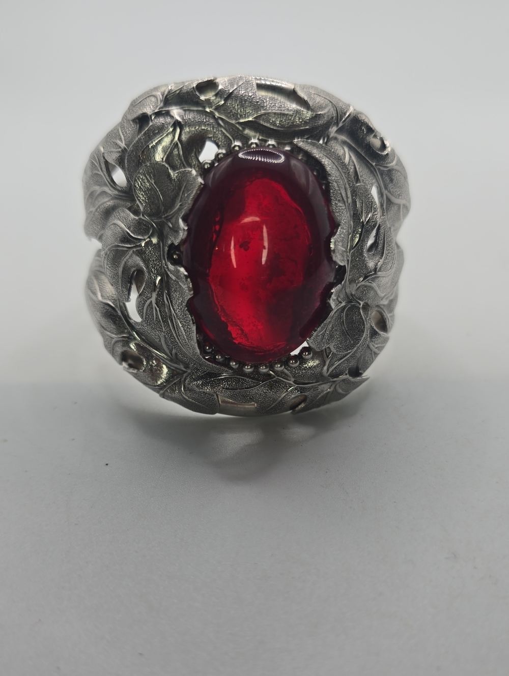 Vintage Whiting & Davis Co. Silver Floral Hinged Bracelet with Red Cabochon